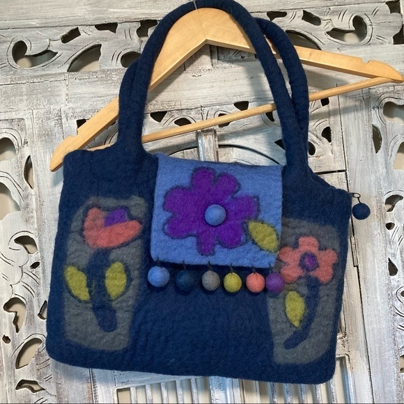 Rising Tide Blue Wool Shoulder Purse with Flower and Pompom Details - Picture 1 of 8